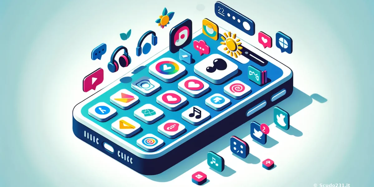 Smartphone con icone colorate di applicazioni social e multimediali in un design moderno e stilizzato.