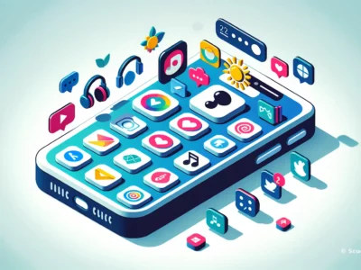Smartphone con icone colorate di applicazioni social e multimediali in un design moderno e stilizzato.
