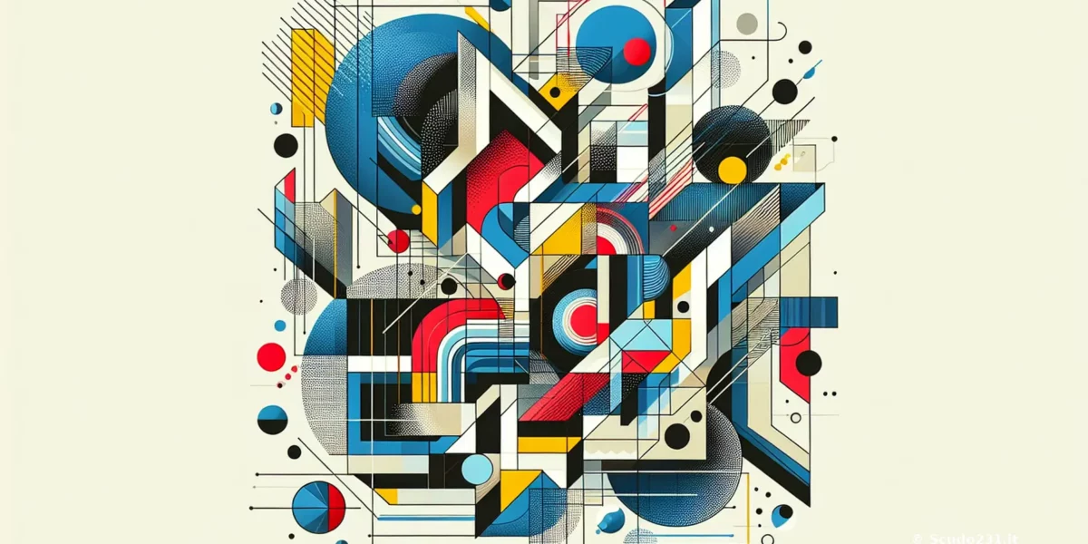 Composizione astratta con forme geometriche colorate, inclusi cerchi, triangoli e linee in un design moderno.