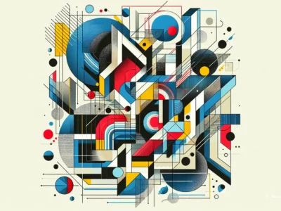 Composizione astratta con forme geometriche colorate, inclusi cerchi, triangoli e linee in un design moderno.
