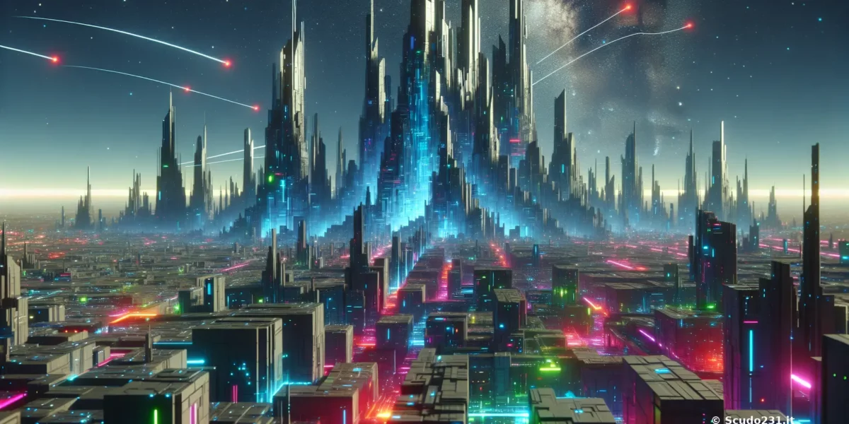 Città futuristica con grattacieli illuminati e un cielo stellato, caratterizzata da luci al neon e architettura moderna.