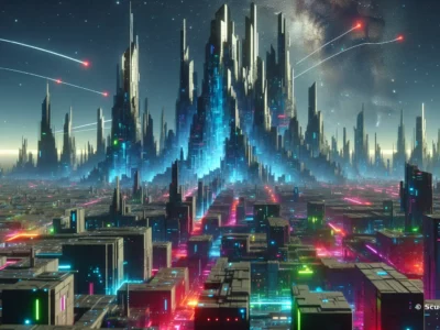 Città futuristica con grattacieli illuminati e un cielo stellato, caratterizzata da luci al neon e architettura moderna.