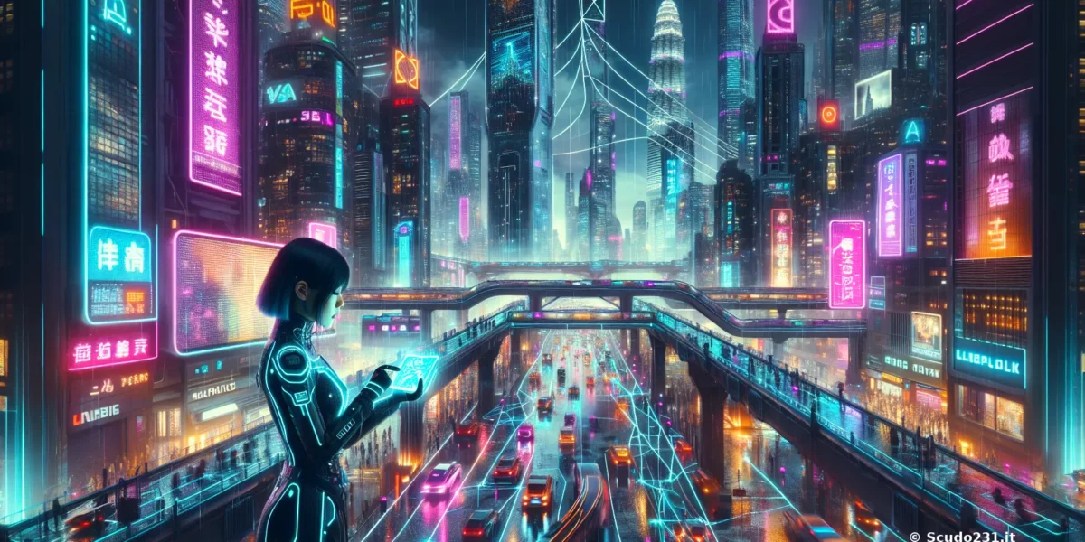 Una figura in un ambiente urbano futuristico con luci al neon e grattacieli, mentre interagisce con un dispositivo digitale.