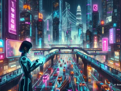 Una figura in un ambiente urbano futuristico con luci al neon e grattacieli, mentre interagisce con un dispositivo digitale.