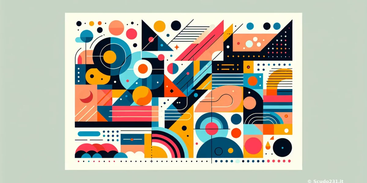 Composizione astratta con forme geometriche e colori vivaci su sfondo chiaro, caratterizzata da cerchi, triangoli e linee.