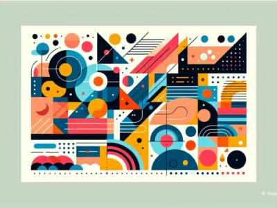 Composizione astratta con forme geometriche e colori vivaci su sfondo chiaro, caratterizzata da cerchi, triangoli e linee.