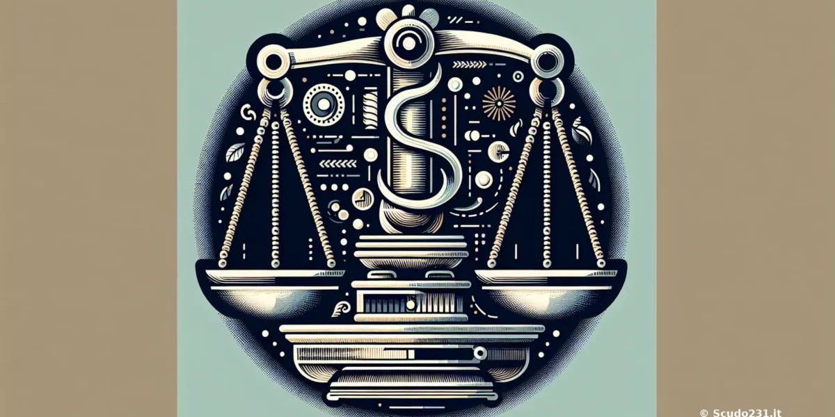 Illustrazione di una bilancia della giustizia con simbolo del serpente e dettagli decorativi in stile vintage.