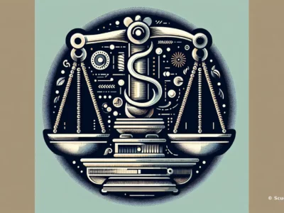 Illustrazione di una bilancia della giustizia con simbolo del serpente e dettagli decorativi in stile vintage.