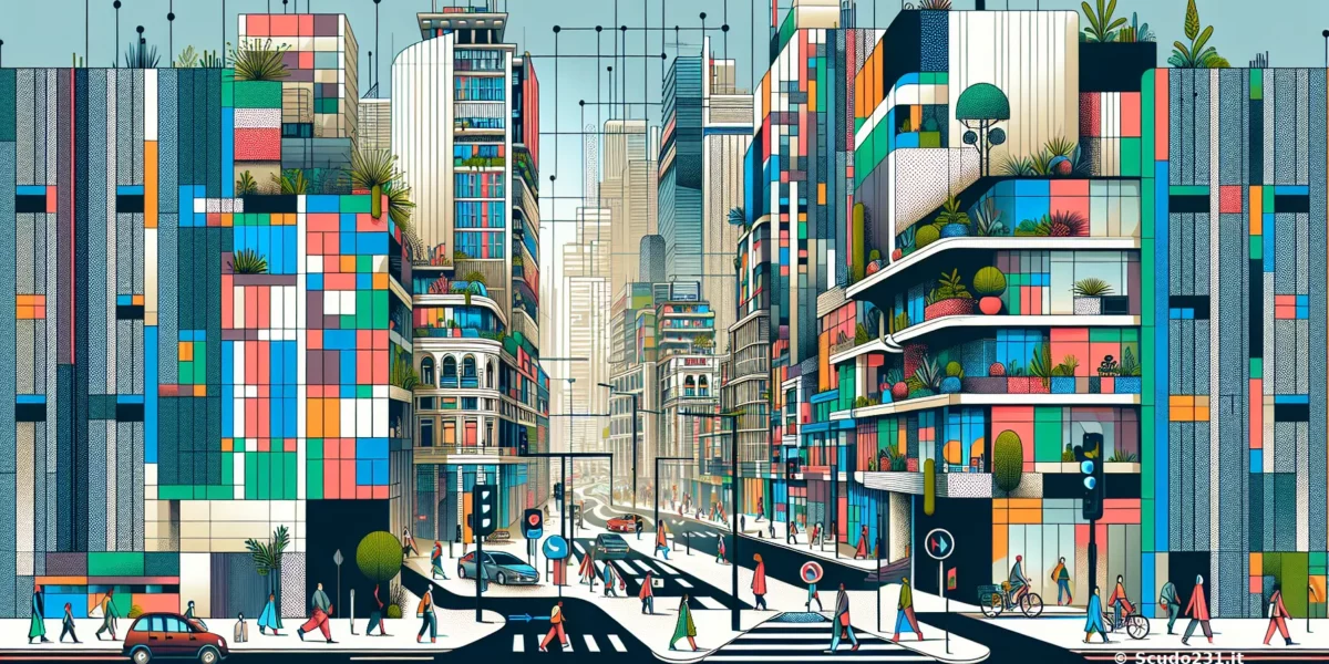 Illustrazione di una città moderna con edifici colorati, strade trafficate e persone che camminano e pedalano.
