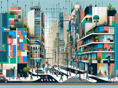 Illustrazione di una città moderna con edifici colorati, strade trafficate e persone che camminano e pedalano.