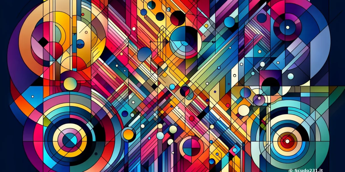 Opera d'arte astratta con forme geometriche e colori vivaci, inclusi cerchi e linee diagonali.