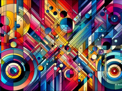 Opera d'arte astratta con forme geometriche e colori vivaci, inclusi cerchi e linee diagonali.