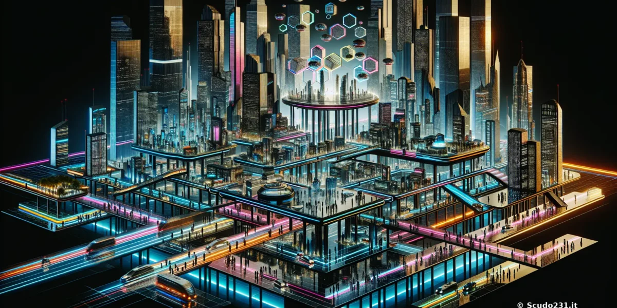 Illustrazione di una città futuristica con grattacieli e strade illuminate da luci al neon.