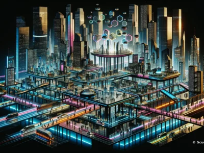 Illustrazione di una città futuristica con grattacieli e strade illuminate da luci al neon.