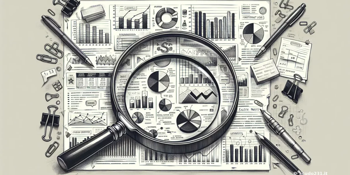 Illustrazione di grafici e diagrammi analizzati con una lente di ingrandimento su un tavolo di lavoro.
