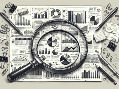 Illustrazione di grafici e diagrammi analizzati con una lente di ingrandimento su un tavolo di lavoro.