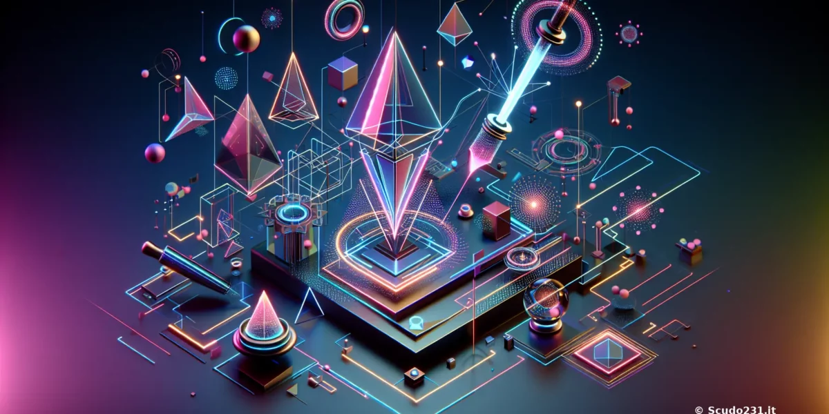 Composizione grafica astratta con forme geometriche tridimensionali e colori neon su sfondo scuro.