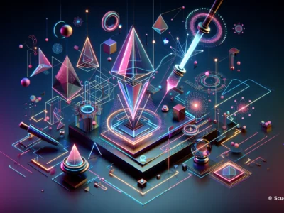Composizione grafica astratta con forme geometriche tridimensionali e colori neon su sfondo scuro.