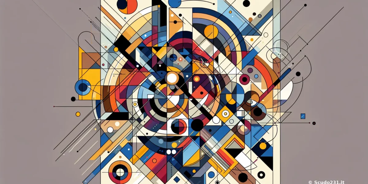 Opera d'arte astratta con forme geometriche e colori vivaci, inclusi cerchi, triangoli e linee in un design complesso.