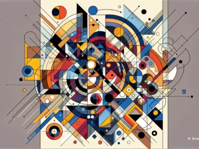 Opera d'arte astratta con forme geometriche e colori vivaci, inclusi cerchi, triangoli e linee in un design complesso.