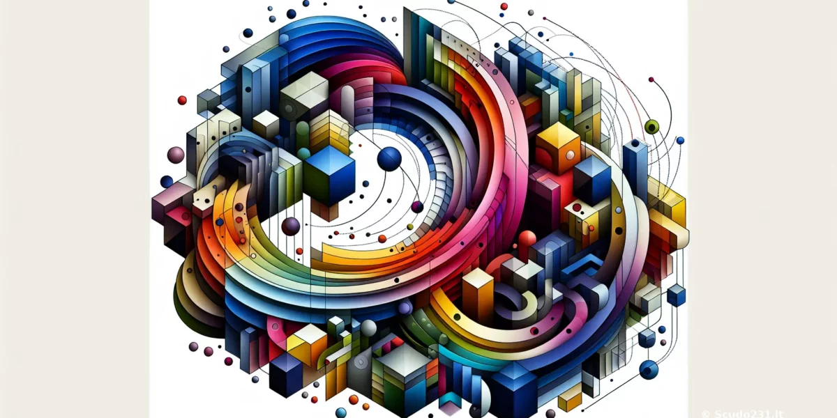 Composizione astratta con forme geometriche colorate e curve fluide su sfondo bianco.