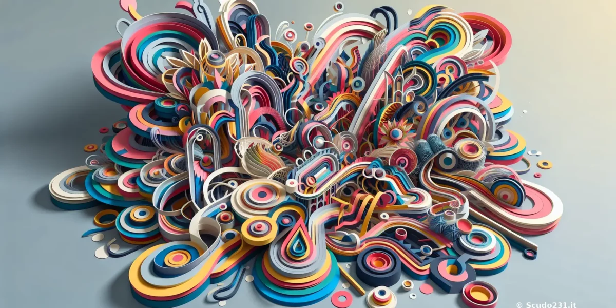 Composizione astratta di forme colorate e curve in un design vibrante e dinamico.