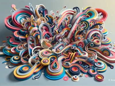 Composizione astratta di forme colorate e curve in un design vibrante e dinamico.