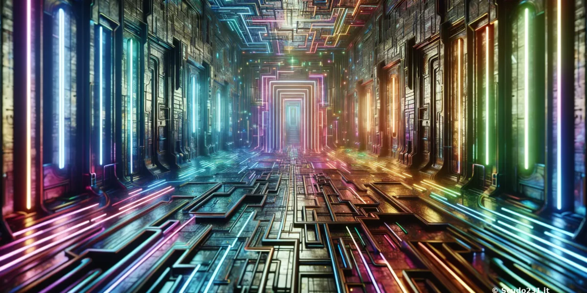 Corridoio futuristico con pareti metalliche e luci colorate che creano un effetto di profondità.
