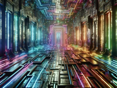 Corridoio futuristico con pareti metalliche e luci colorate che creano un effetto di profondità.