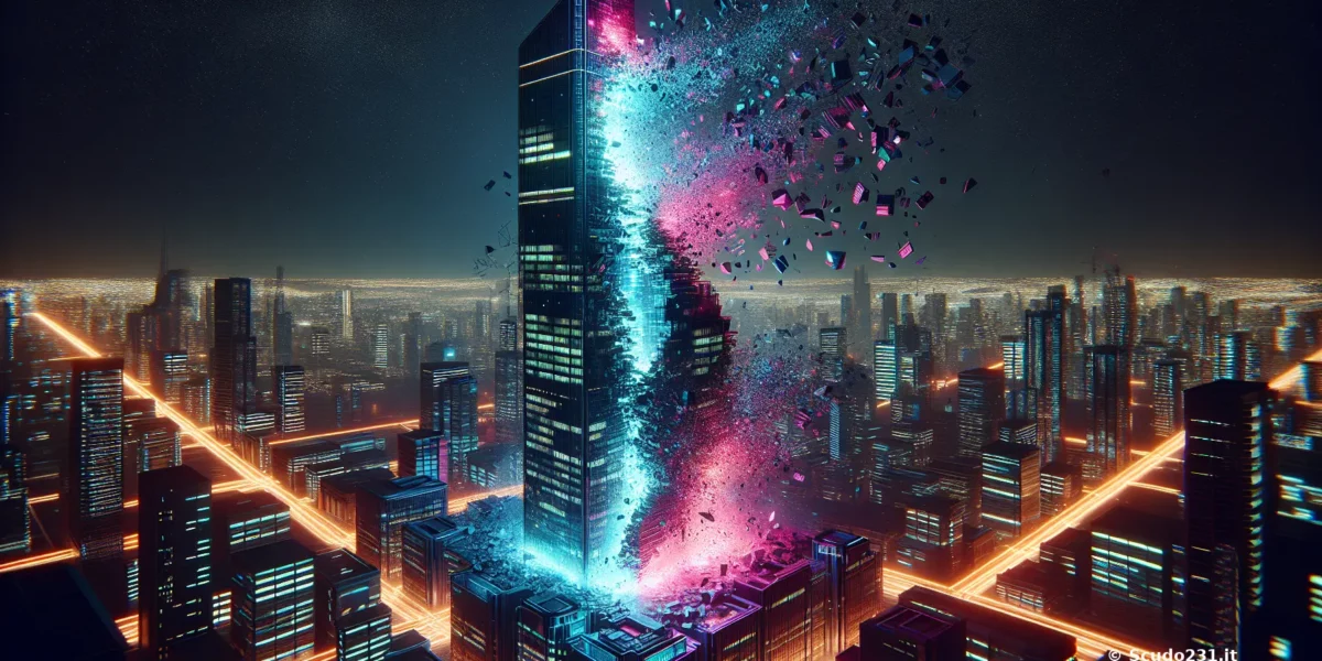 Grattacielo futuristico in fase di distruzione, con esplosioni di colori blu e rosa in un contesto urbano notturno.