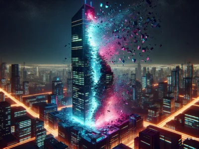 Grattacielo futuristico in fase di distruzione, con esplosioni di colori blu e rosa in un contesto urbano notturno.
