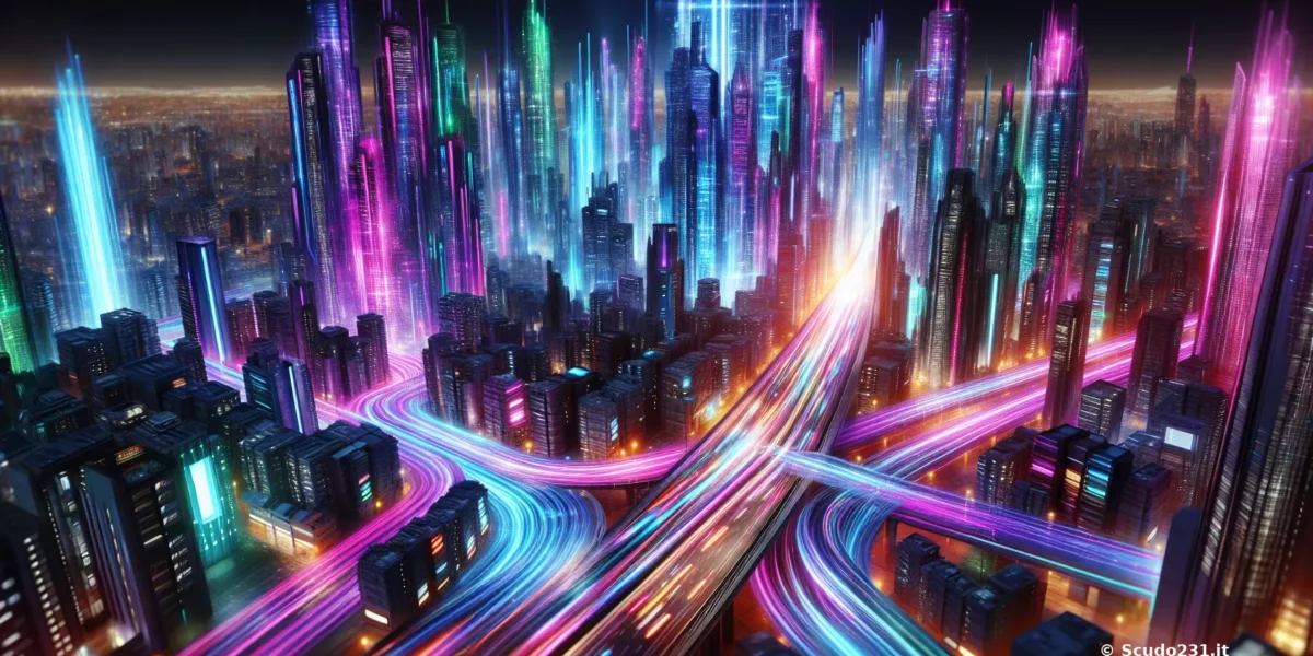 Vista aerea di una città futuristica con grattacieli illuminati e strade luminose che si intrecciano.