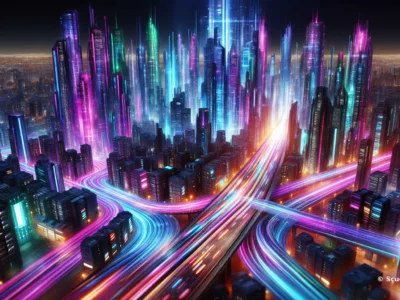 Vista aerea di una città futuristica con grattacieli illuminati e strade luminose che si intrecciano.
