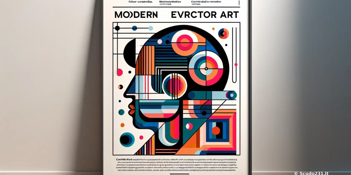 Poster di arte moderna con un profilo stilizzato e forme geometriche colorate su uno sfondo bianco.