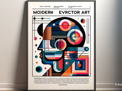 Poster di arte moderna con un profilo stilizzato e forme geometriche colorate su uno sfondo bianco.