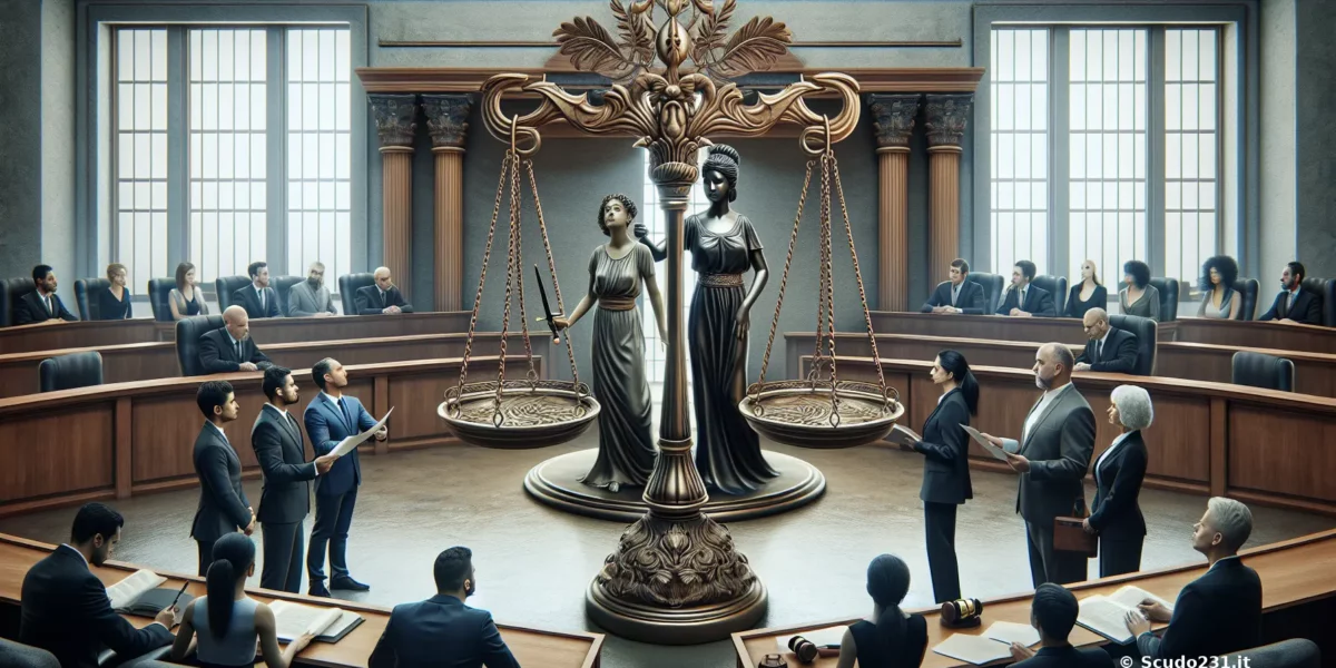 Scultura di giustizia con due figure femminili che rappresentano la legge, bilancia al centro di un'aula di tribunale.