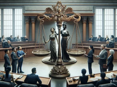 Scultura di giustizia con due figure femminili che rappresentano la legge, bilancia al centro di un'aula di tribunale.