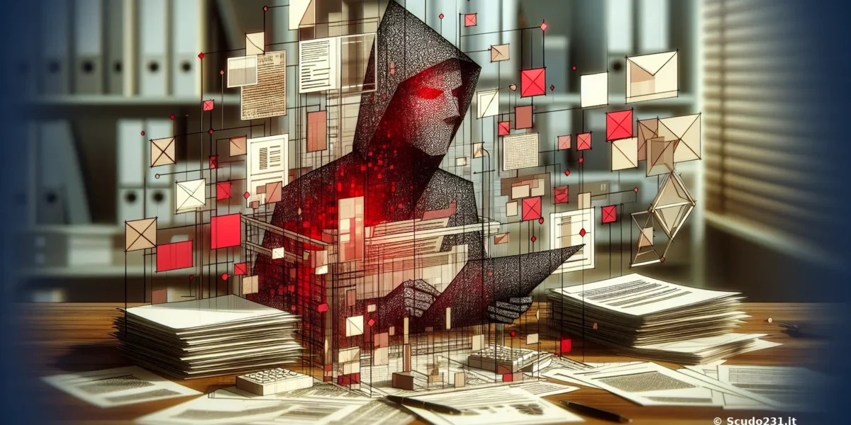 Illustrazione di un hacker che analizza documenti cartacei circondato da elementi digitali come email e messaggi.