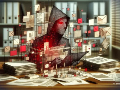 Illustrazione di un hacker che analizza documenti cartacei circondato da elementi digitali come email e messaggi.