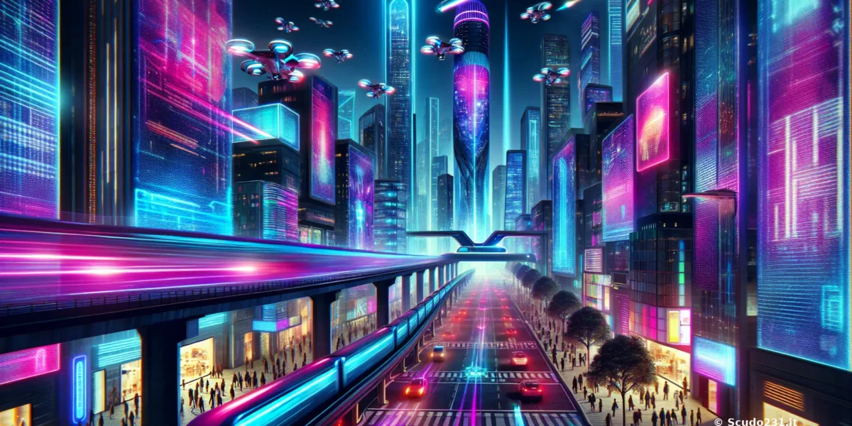 Città futuristica con grattacieli illuminati e veicoli volanti in un ambiente urbano vibrante.