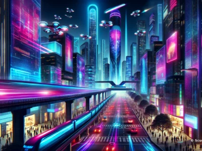 Città futuristica con grattacieli illuminati e veicoli volanti in un ambiente urbano vibrante.