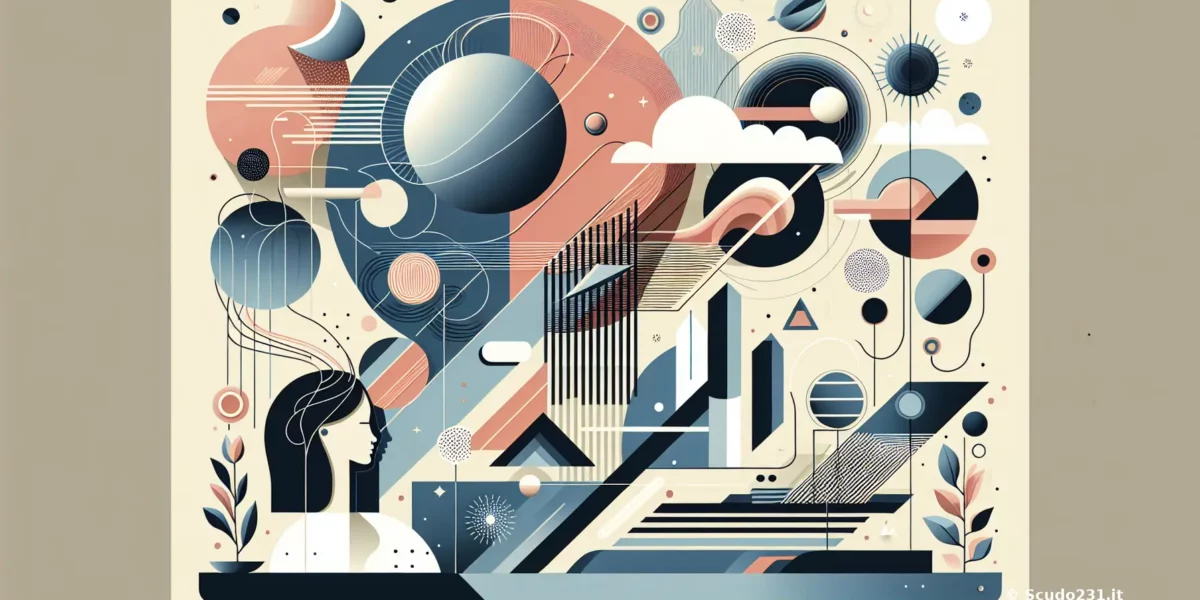 Illustrazione astratta con forme geometriche, figure umane e elementi cosmici in una composizione colorata e stilizzata.