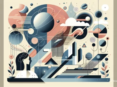 Illustrazione astratta con forme geometriche, figure umane e elementi cosmici in una composizione colorata e stilizzata.