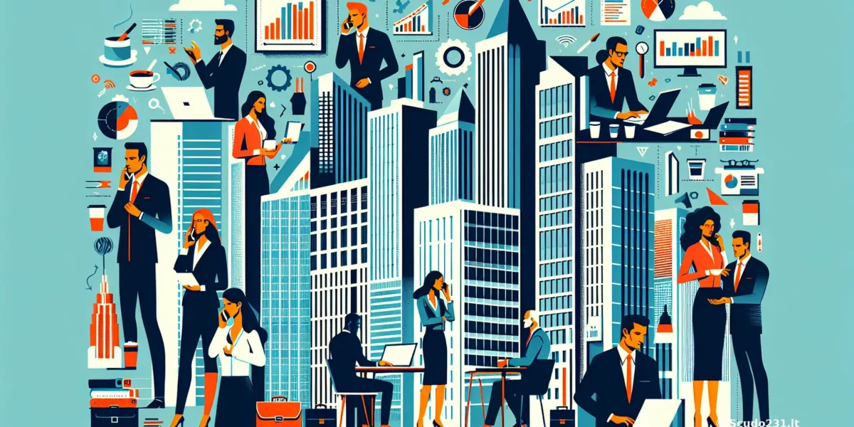 Illustrazione di un ambiente urbano con professionisti che lavorano tra grattacieli e grafici aziendali.