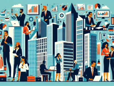 Illustrazione di un ambiente urbano con professionisti che lavorano tra grattacieli e grafici aziendali.
