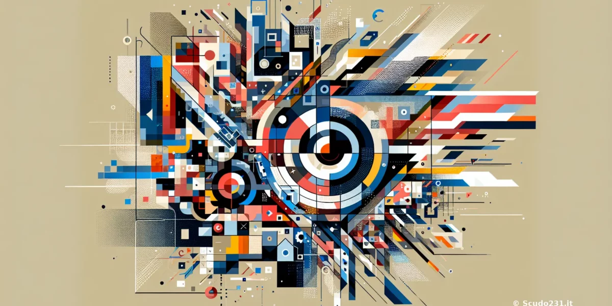 Opera d'arte astratta con forme geometriche e colori vivaci su sfondo beige.