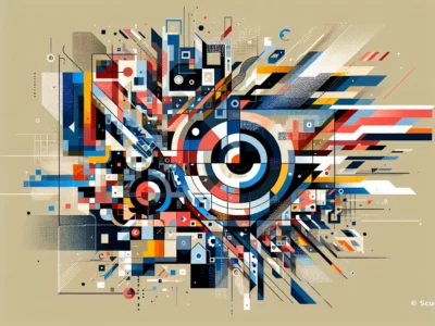 Opera d'arte astratta con forme geometriche e colori vivaci su sfondo beige.