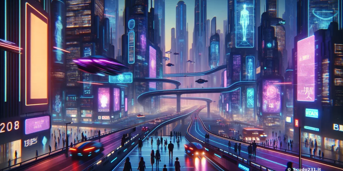 Città futuristica con grattacieli illuminati e veicoli volanti in un ambiente notturno.