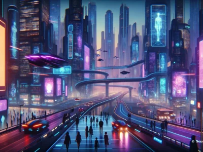 Città futuristica con grattacieli illuminati e veicoli volanti in un ambiente notturno.