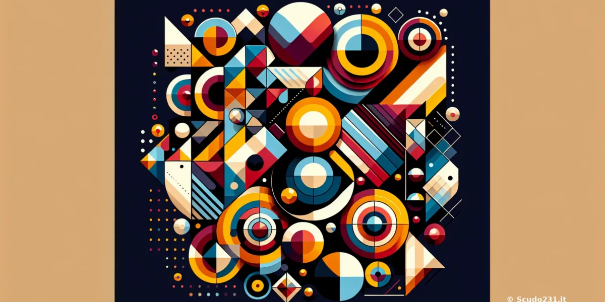 Composizione astratta di forme geometriche colorate su sfondo scuro con cerchi, triangoli e quadrati.